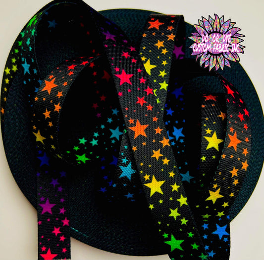 Rainbow Stars On Black 1" Webbing RETAIL